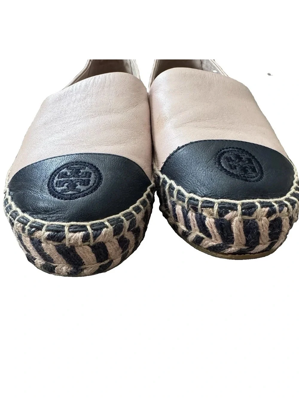 Tory Burch Leather Espadrille Shoes Color Block Pink Blue Round Toe Logo US 6.5M